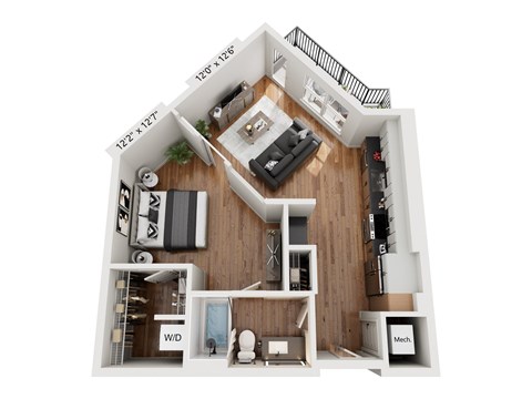 Floor plan for 1 bed, 1 bath, 683 sqft